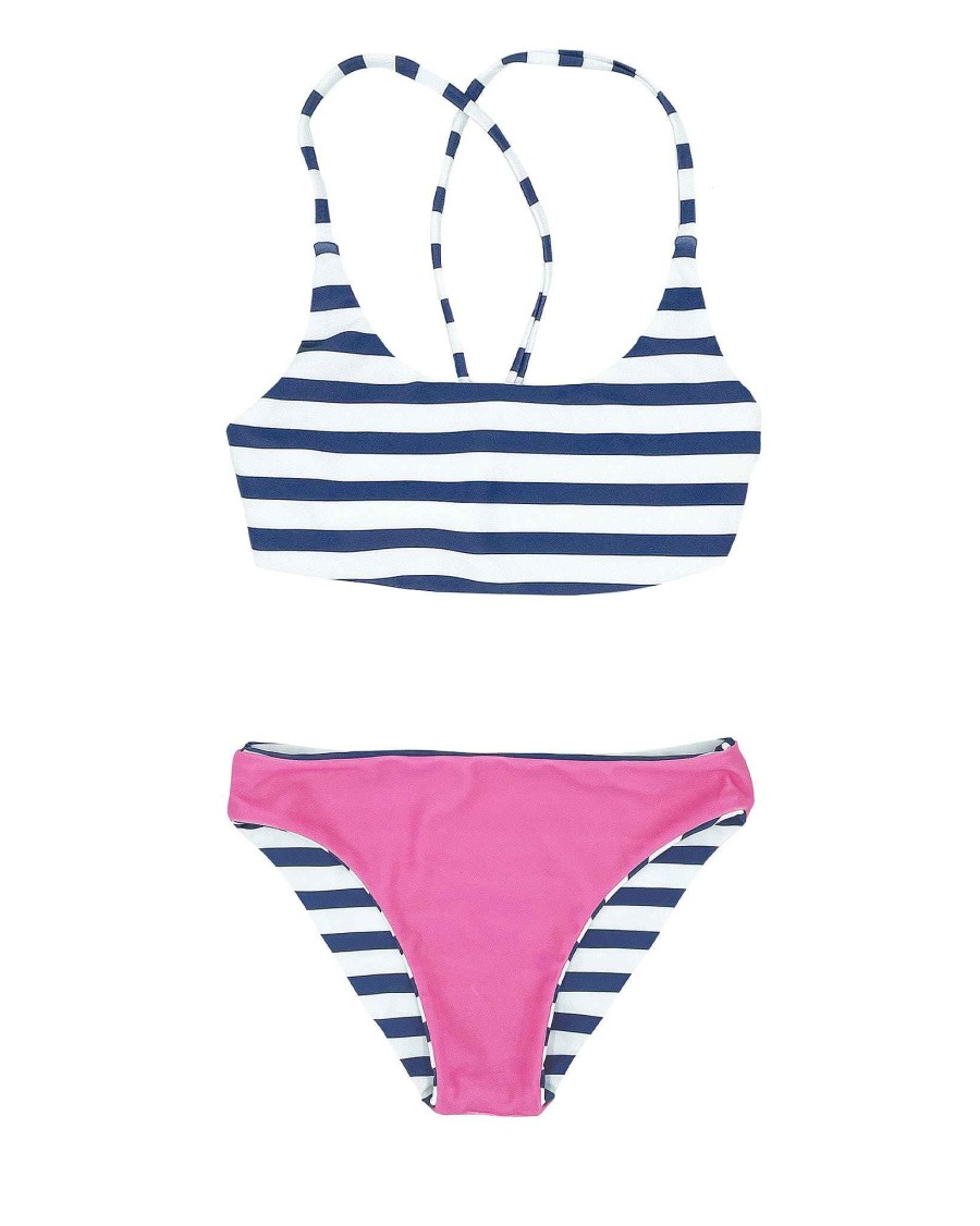 Girls Feather 4 Arrow Reversibles | Seaside Stripe Waverly Reversible Bikini Navy