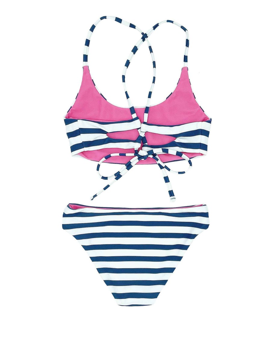 Girls Feather 4 Arrow Reversibles | Seaside Stripe Waverly Reversible Bikini Navy